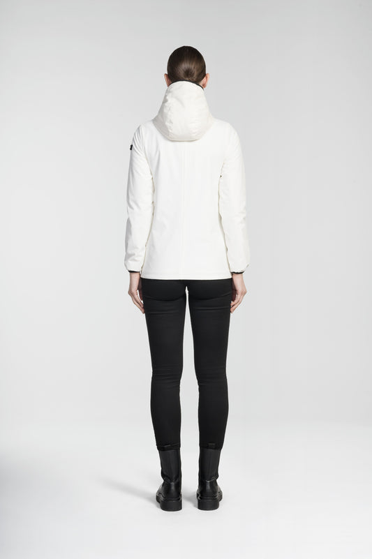 Ladies hip length mid layer jacket with non-removable hood and two-way zipper in Chalk