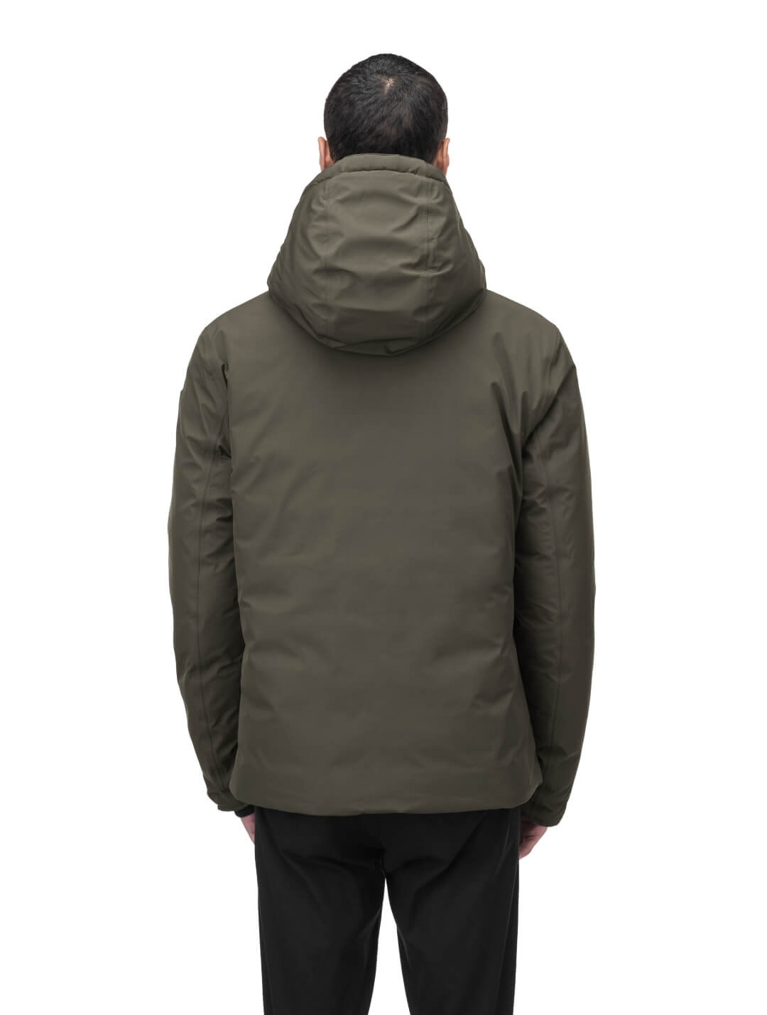 Chris Men's Mid Weight Reversible Puffer Jacket in hip length, Canadian duck down insulation, non-removable adjustable hood, ribbed cuffs, and quilted body on reversible side, in Fatigue