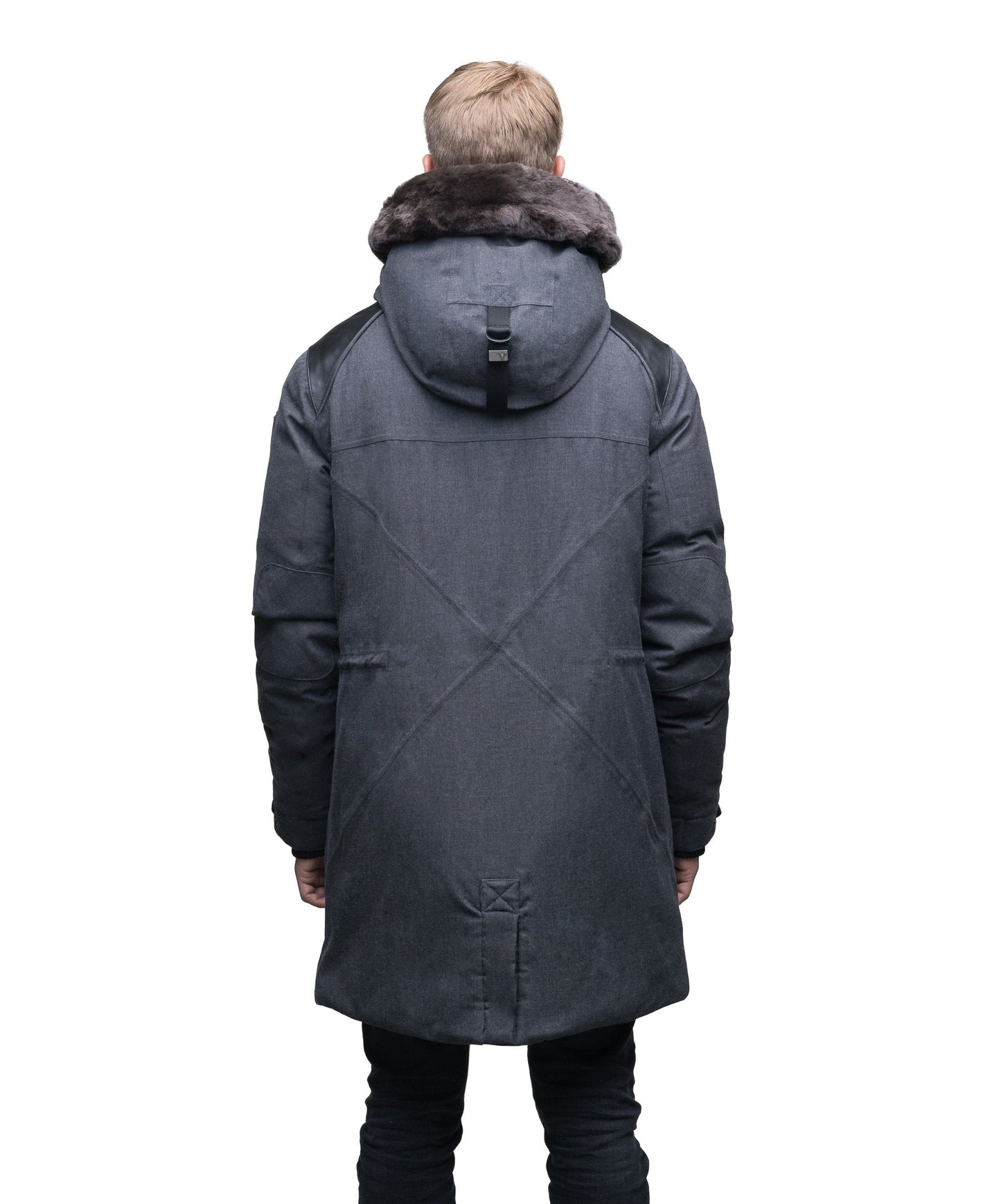 Men's down filled overcoat with premium washable Japanese DWR leather on both shoulders in H. Charcoal or H Black