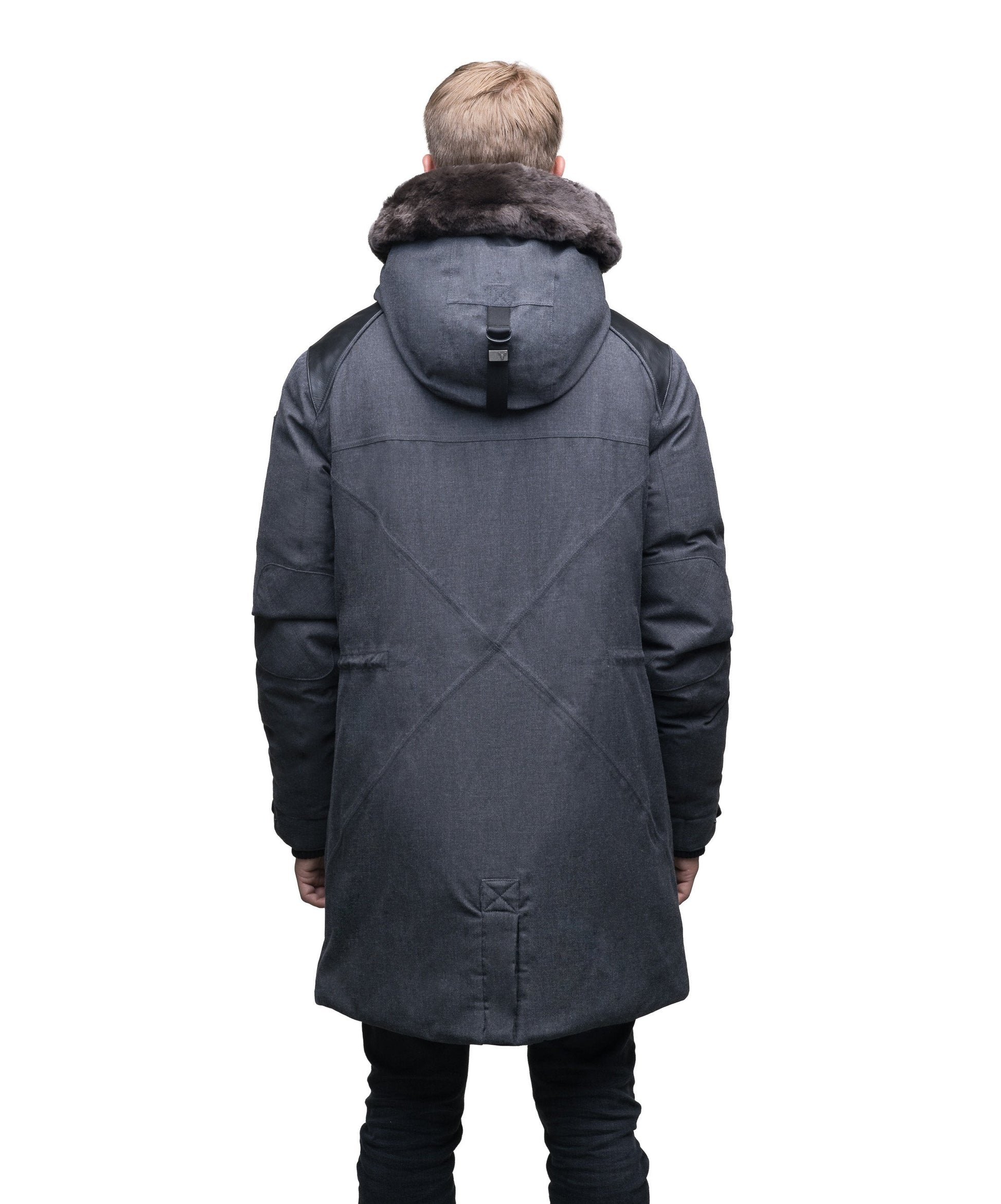 Men's down filled overcoat with premium washable Japanese DWR leather on both shoulders in H. Charcoal or H Black