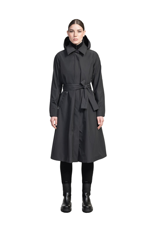 Ivy Ladies Tailored Trench Coat in knee length, 3-Ply Micro Denier fabrication, retractable non-removable hood, front wind flap with snap button closure, removable belt, and adjustable snap cuffs, in Black + Black / XS