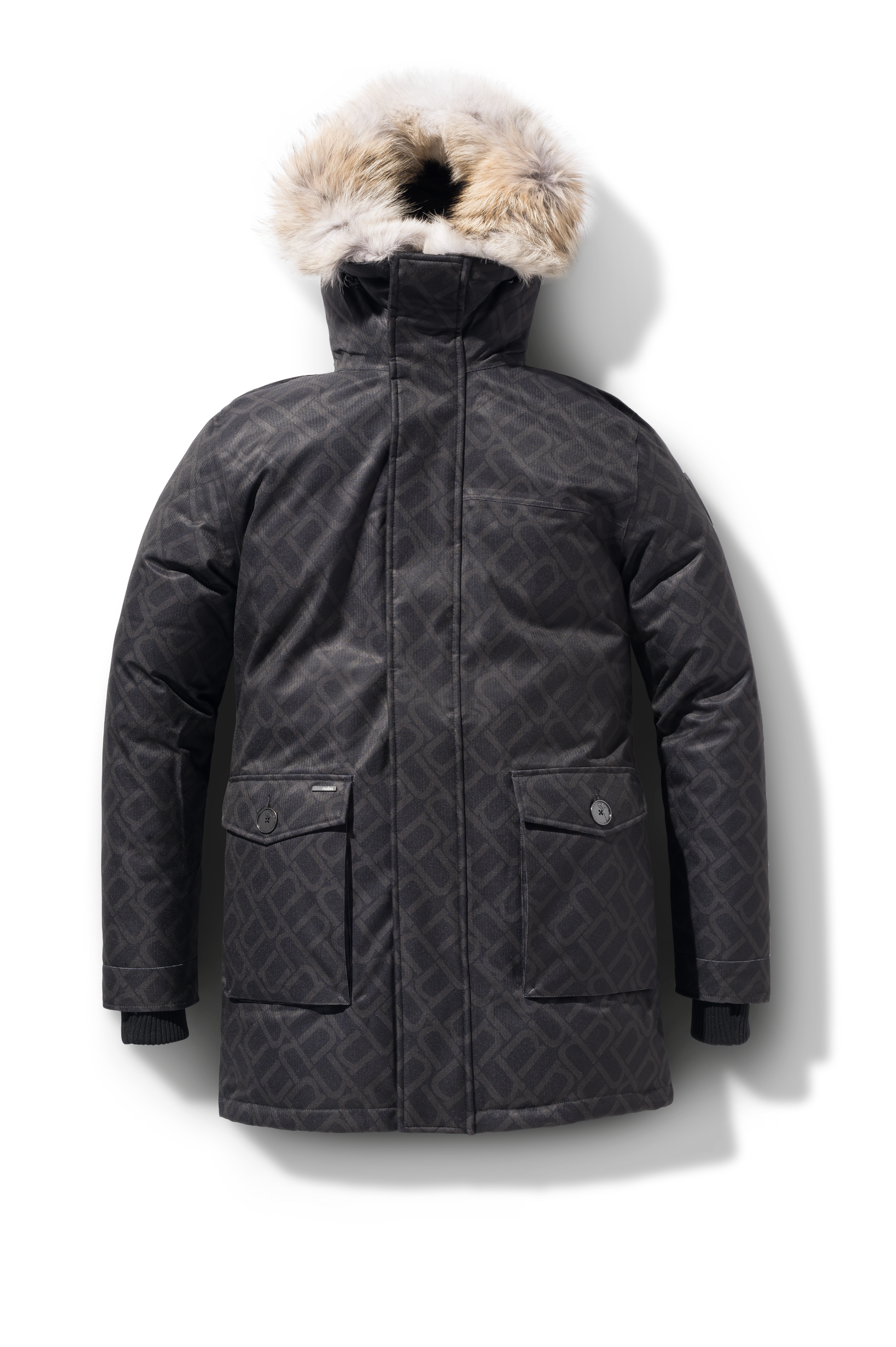 Men's slim fitting waist length parka with removable fur trim on the hood and two waist patch pockets in Dark Monogram