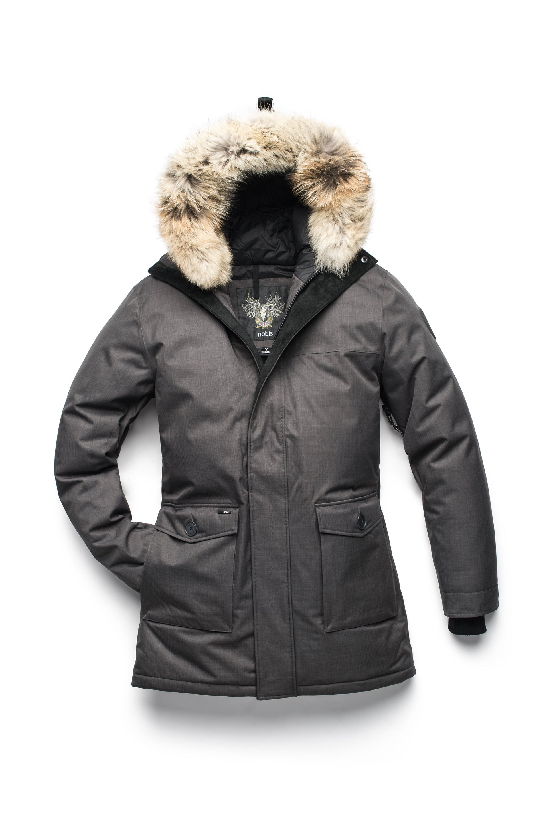 Men's slim fitting waist length parka with removable fur trim on the hood and two waist patch pockets in CH Steel Grey