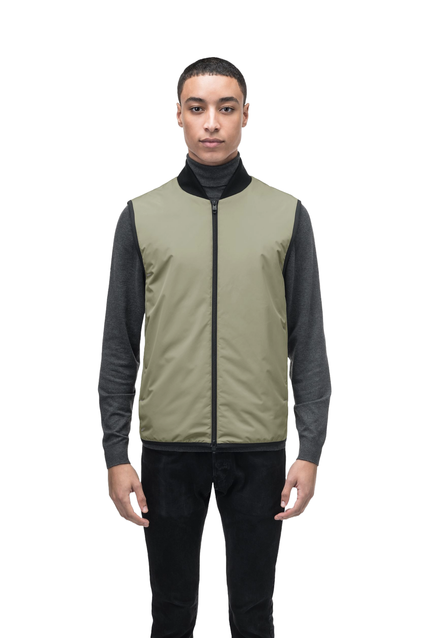 Neo Men's Mid Layer Vest in hip length, Primaloft Gold Insulation Active+, and two-way zipper, in Tea