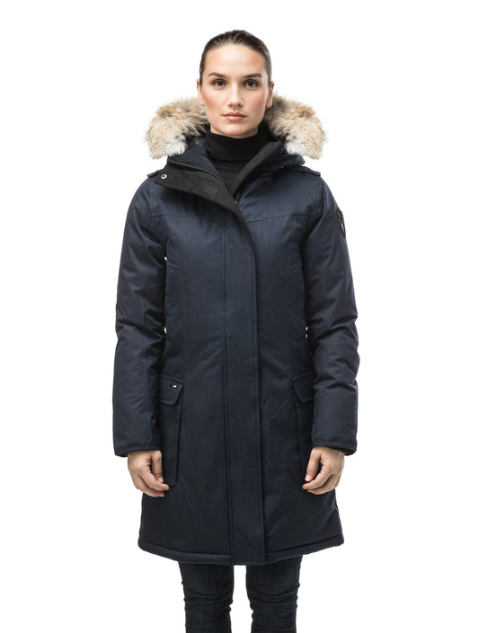 Women's knee length down filled parka with fur trim hood in CH Navy + CH Navy
