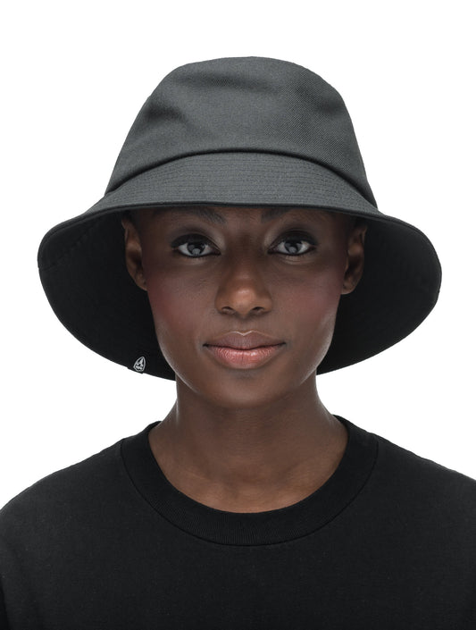 Unisex wide brim bucket hat with stitching detail on brim in Black + Black