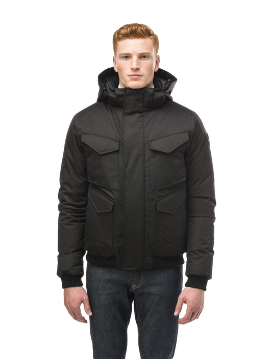 Men's waist length bomber with four huge pockets on the front in Black + Black