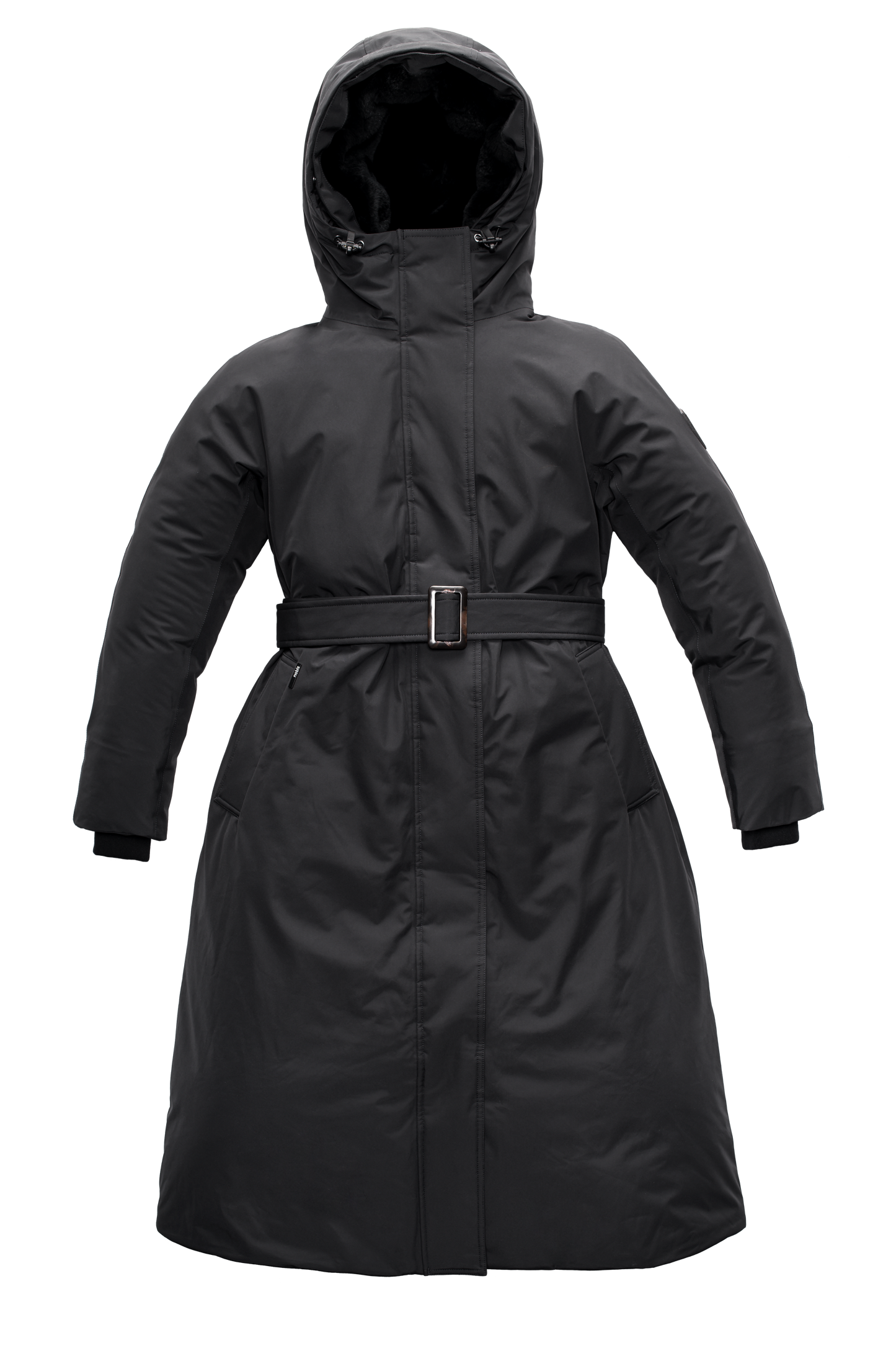Women's knee length down filled parka with non-removable hood and adjustable belt in Black
