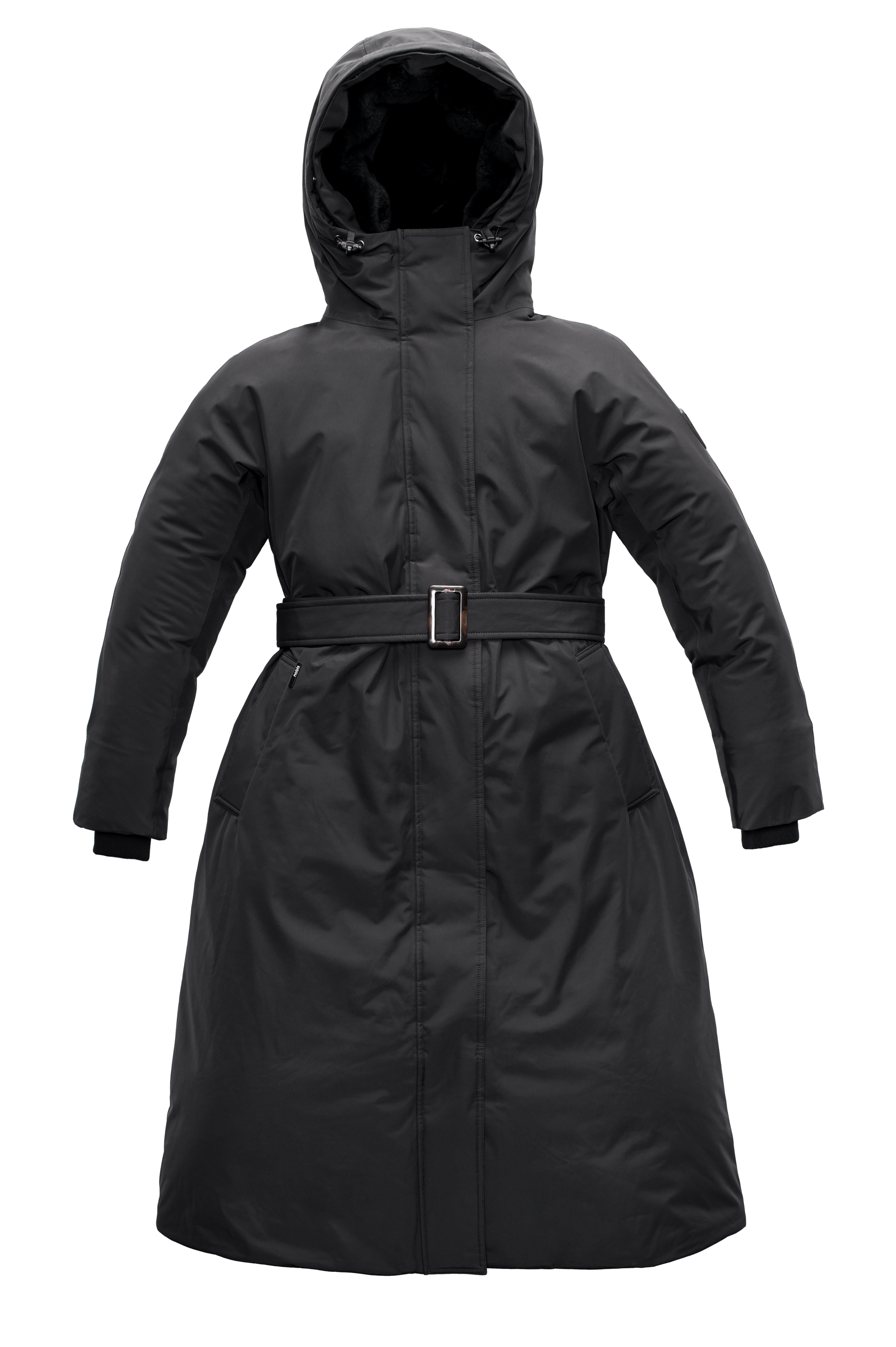 Women's knee length down filled parka with non-removable hood and adjustable belt in Black