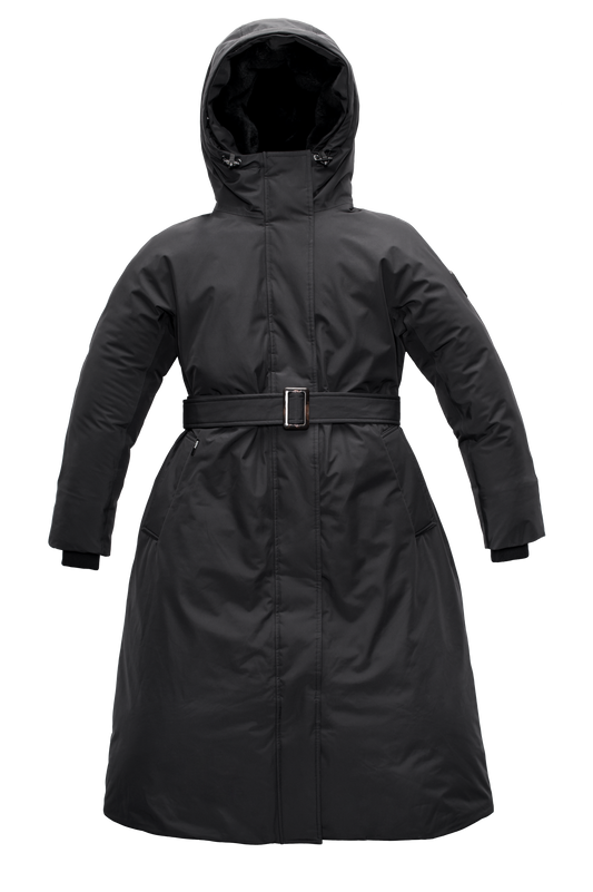 Women's knee length down filled parka with non-removable hood and adjustable belt in Black + Black