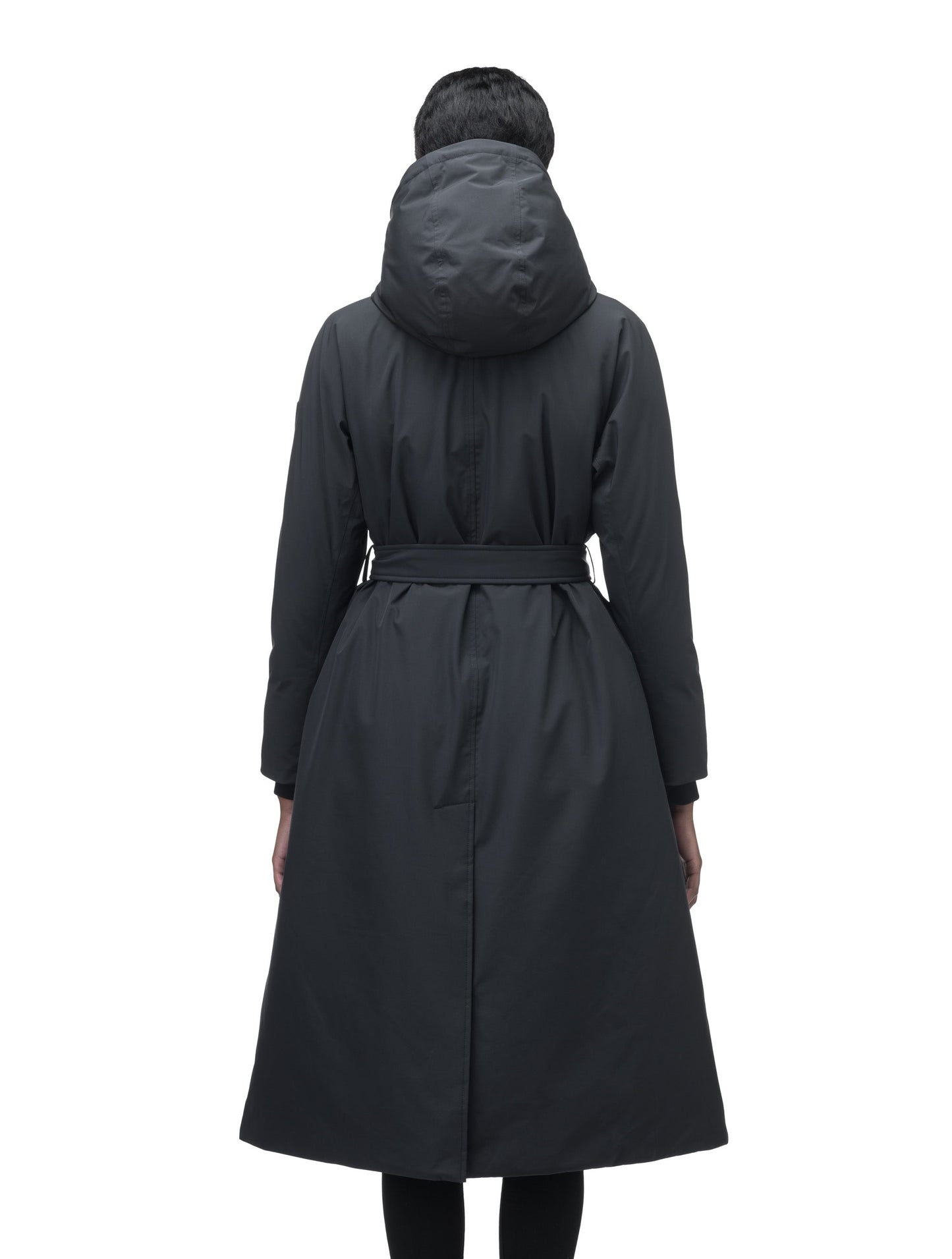 Women's knee length down filled parka with non-removable hood and adjustable belt in Black