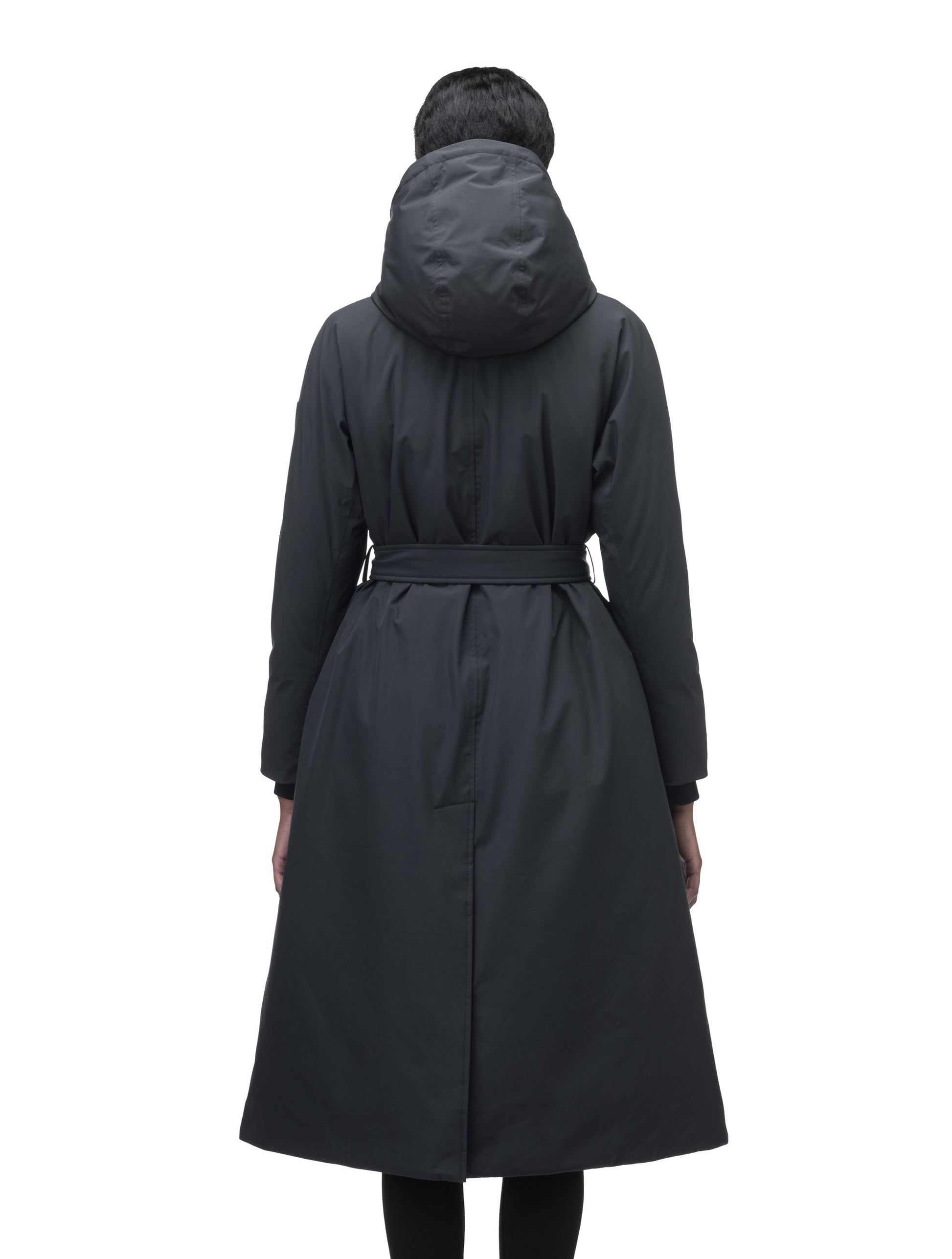 Women's knee length down filled parka with non-removable hood and adjustable belt in Black