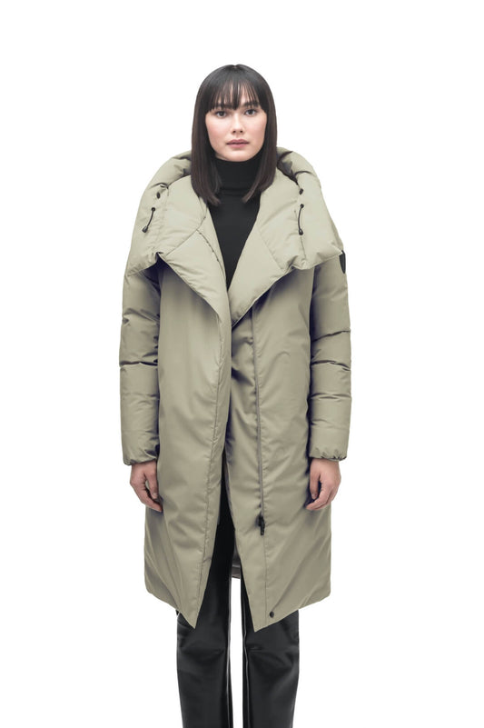 Axis Ladies Oversized Coat in knee length, Canadian duck down insulation, and two-way front zipper, in Tea + Tea