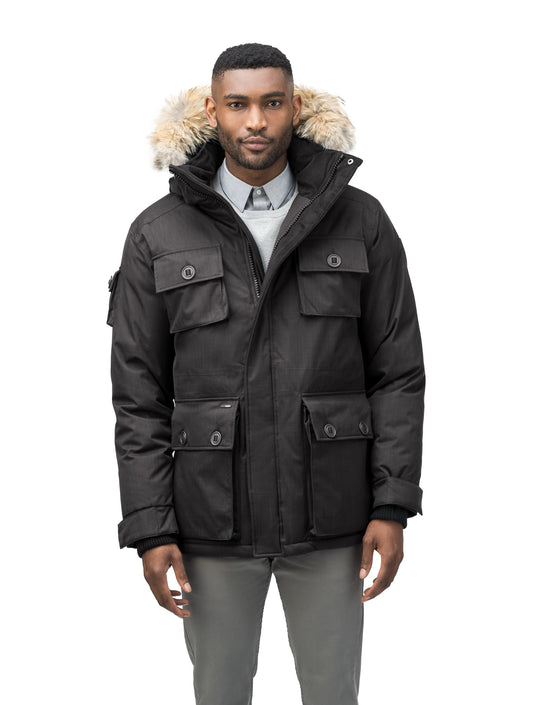Men's down filled parka with four patch pockets and an adjustable waist with removable hood and removable fur trim in CH Black + CH Black