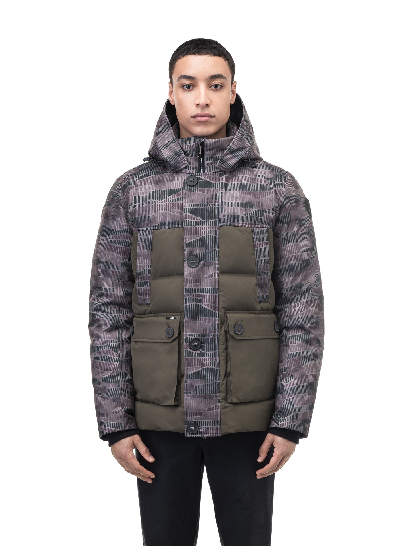 Cardinal Men's Puffer Parka in hip length, Canadian duck down insulation, removable hood, quilted body, and two-way front zipper, in Dark Sandstorm