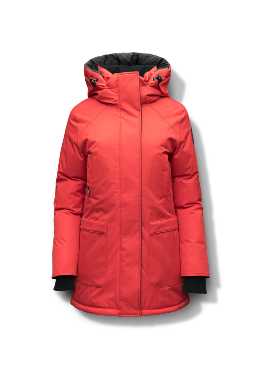 Women's down filled parka that sits just below the hip with a clean look and two hip patch pockets in BlackCarla Furless Ladies Parka in thigh length with Canadian Premium White Duck Down insulation, non-removable hood, centre-front zipper with magnetic closure wind flap, and four exterior pockets, in Vermillion + Vermillion