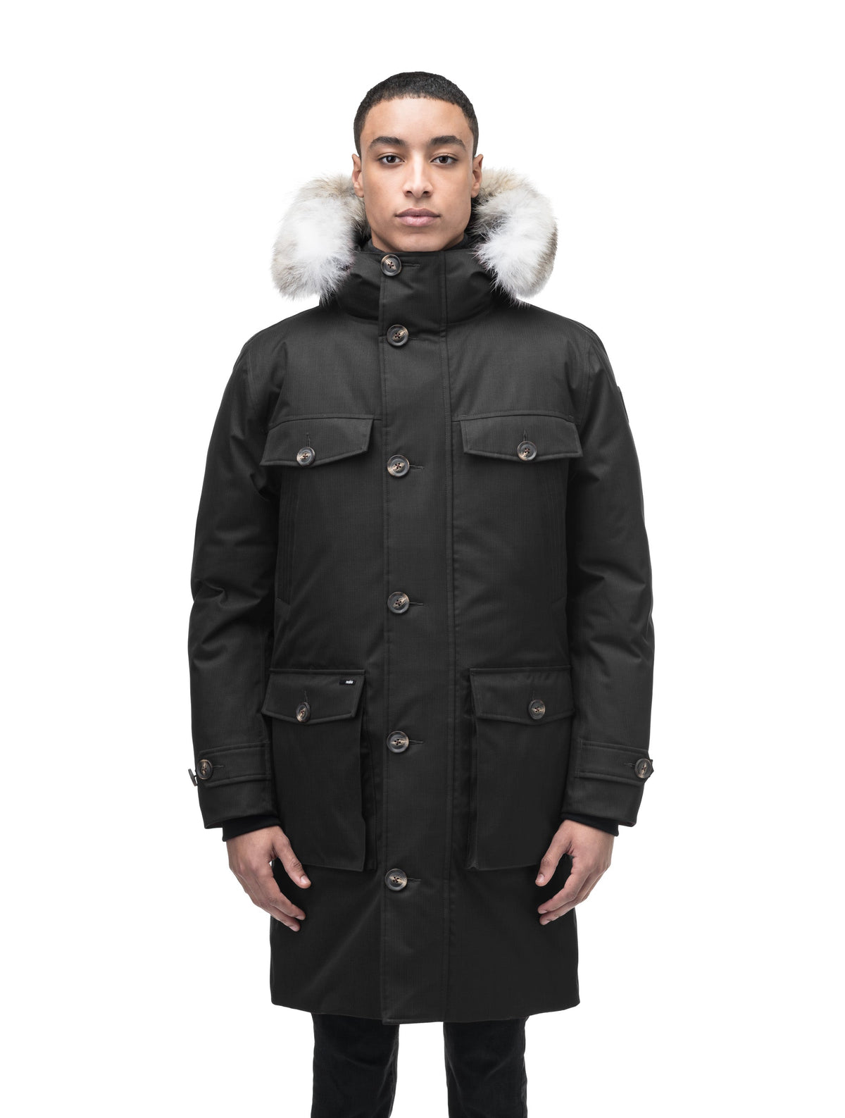 Citizen Men's Tailored Parka in knee length, Canadian duck down insulation, non-removable hood, and two-way zipper, in Black