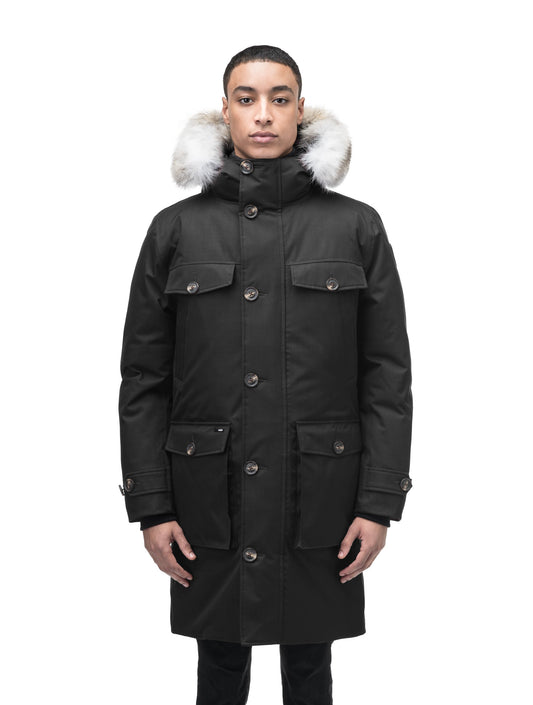Citizen Men's Tailored Parka in knee length, Canadian duck down insulation, non-removable hood, and two-way zipper, in Black