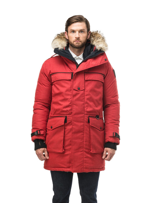 Men's extreme wamrth down filled parka with baffle box construction for even down distribution in H. Red + H. Red