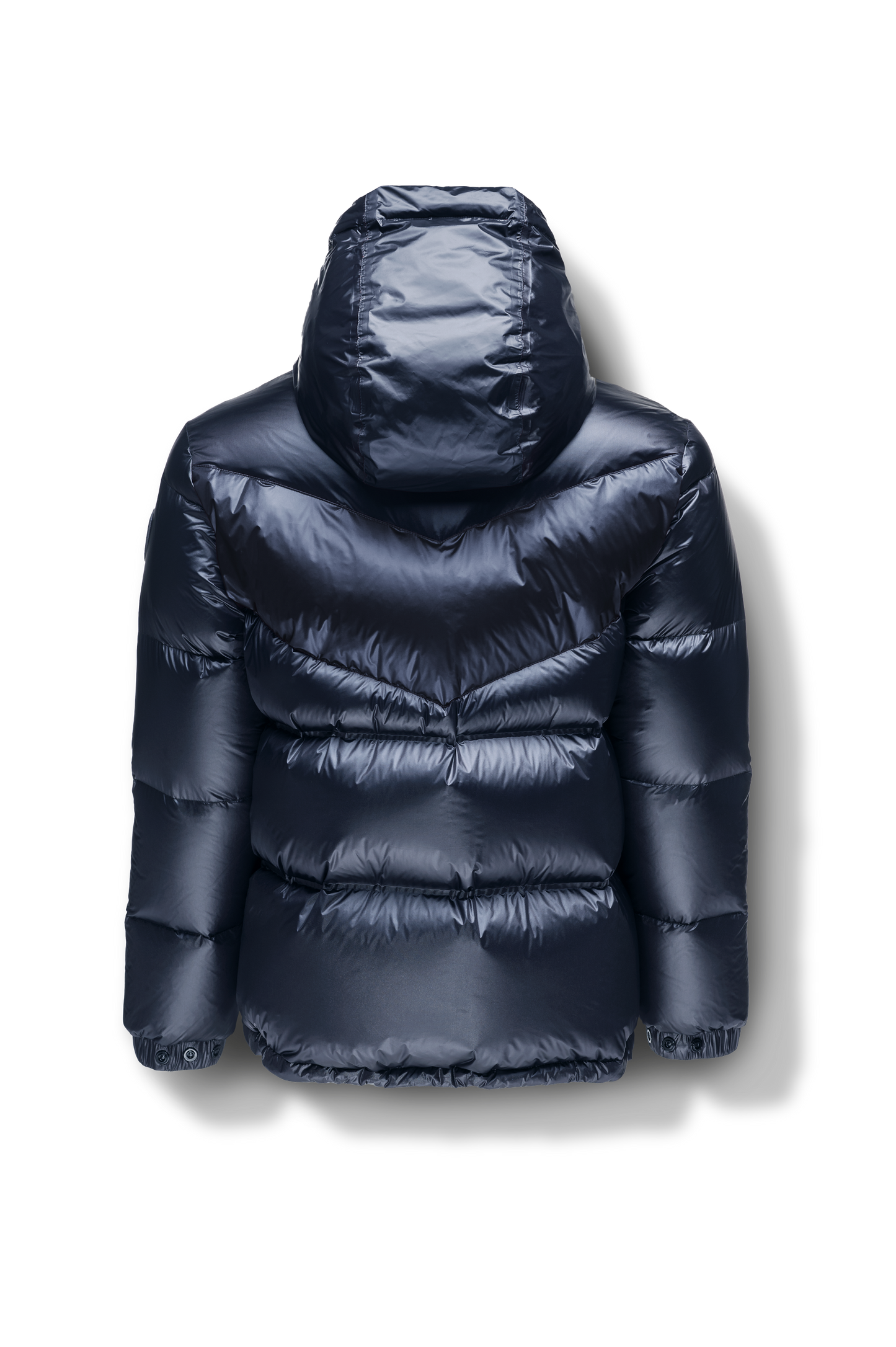 Dyna Men's Chevron Quilted Puffer Jacket in hip length, premium cire technical nylon taffeta fabrication, Premium Canadian origin White Duck Down insulation, non-removable down-filled hood, two-way centre-front zipper, fleece-lined zipper pockets at waist, pit zipper vents, in Navy