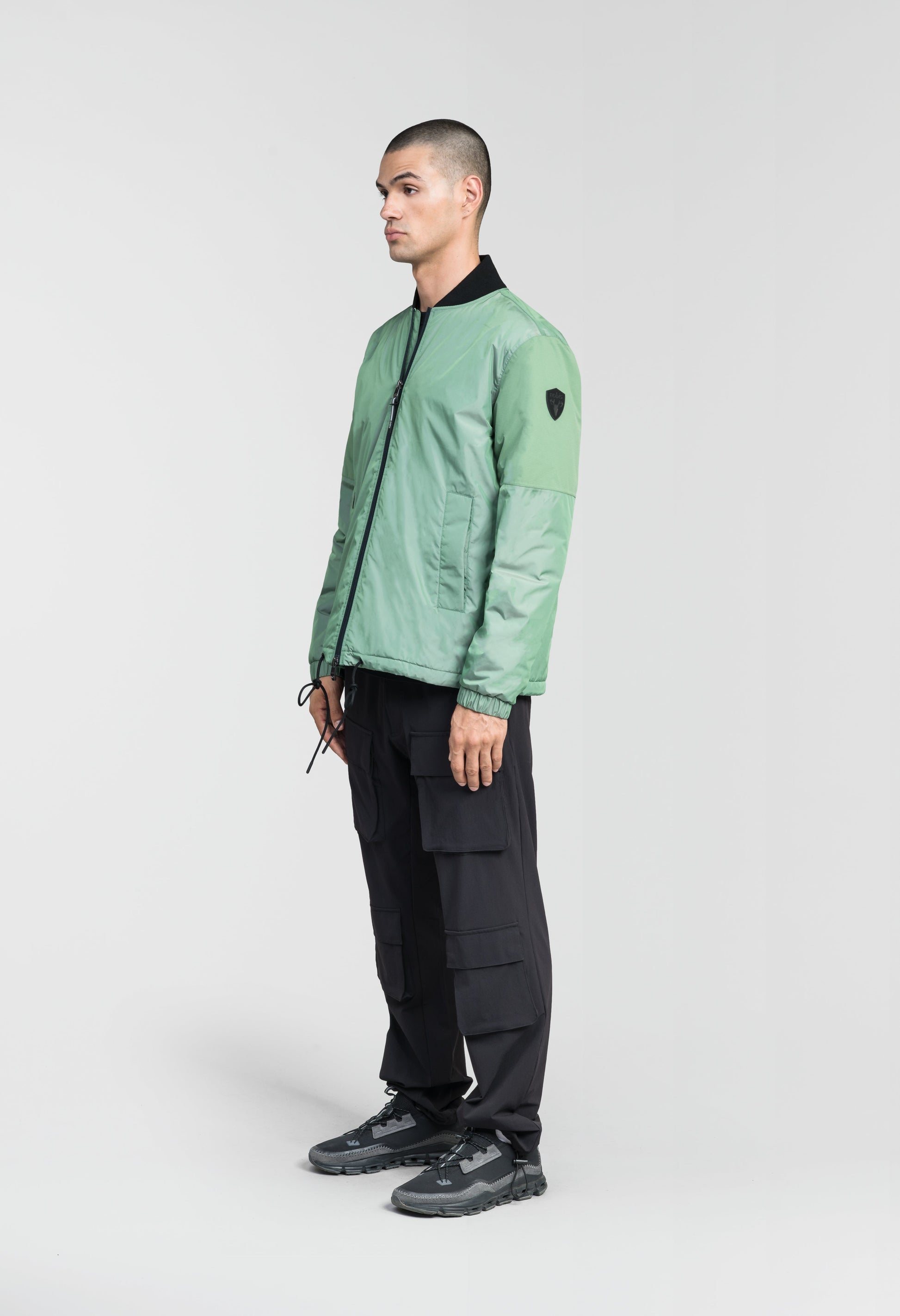 Edgemont Men's Tailored Coach Jacket in hip length, rib knit collar, elastic cuffs, centre front two-wau zipper, single welt waist pockets, adjustable waist drawstring, in Duck Green