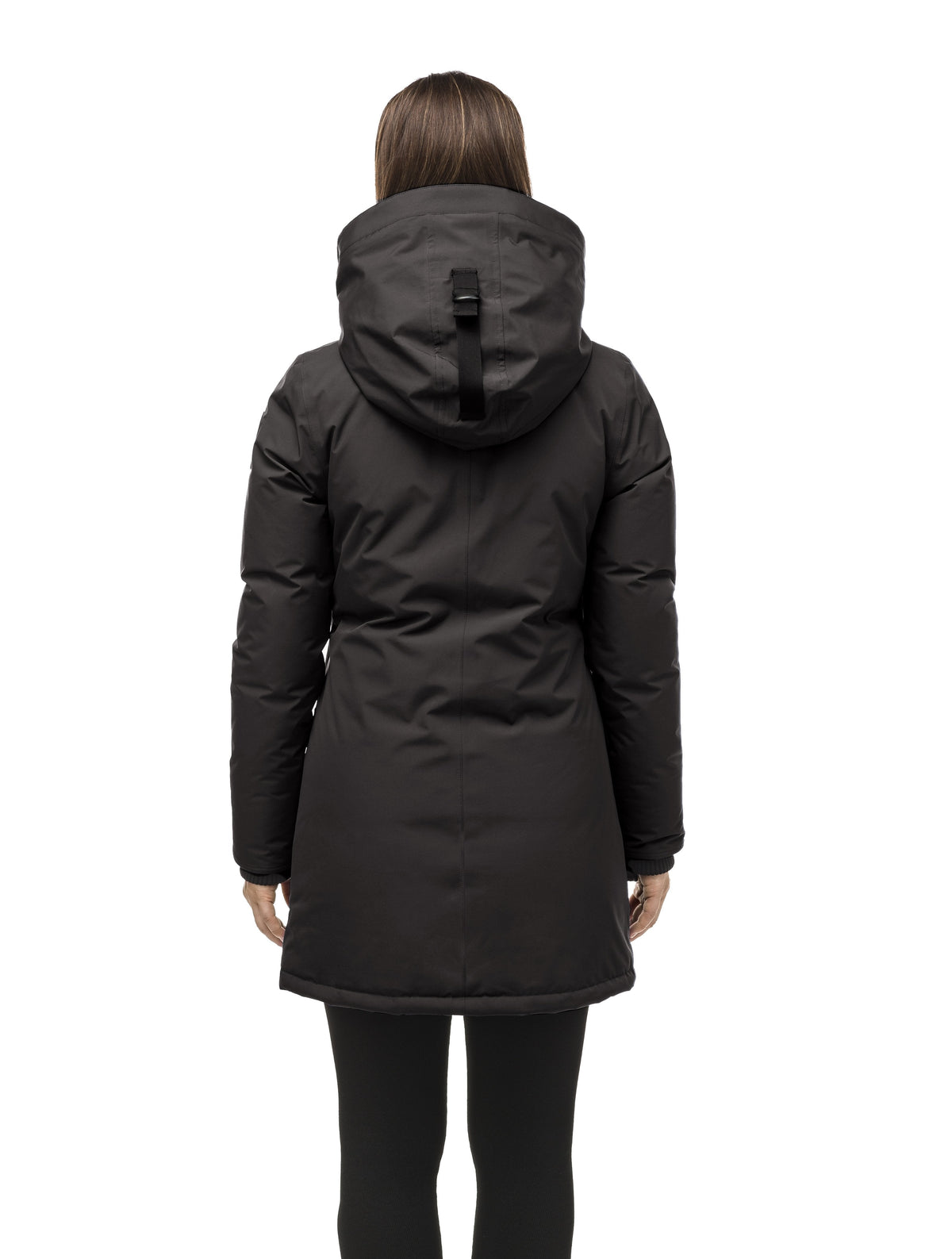 Women's hip length parka down-filled parka with a fur free hood in Black
