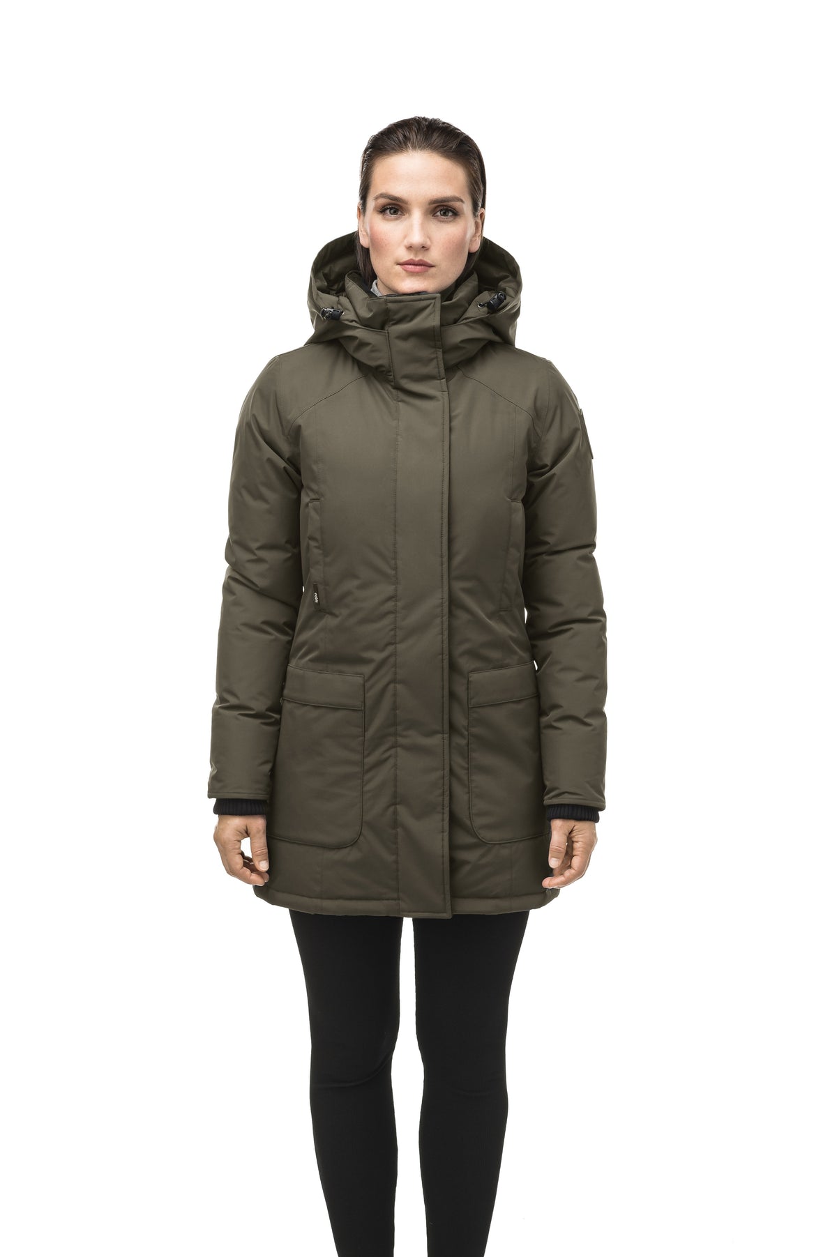 Women's hip length parka down-filled parka with a fur free hood in Fatigue