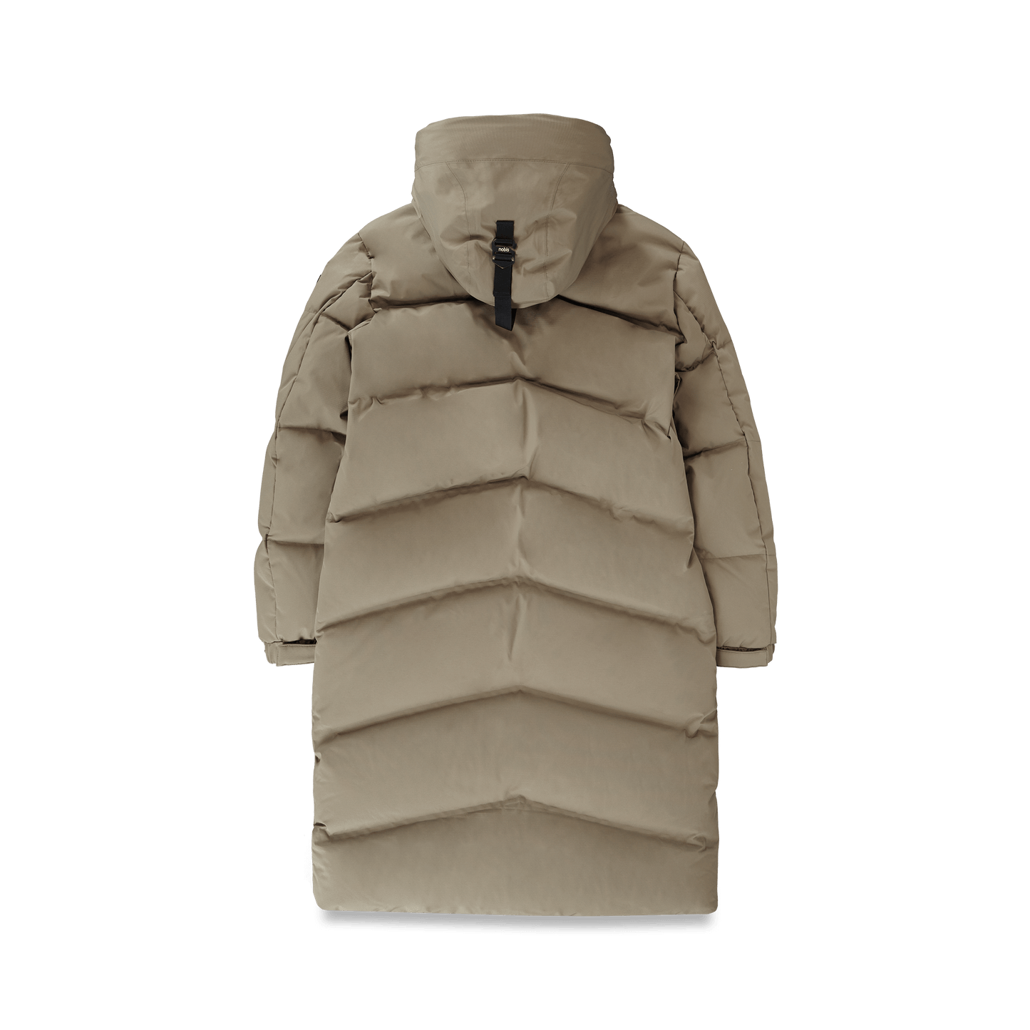 Granger long jacket in Bungee Cord stretch ripstop fabric with DWR coating, insulated with Canadian white duck down and Primaloft. Features a two-way zipper, magnetic closure, and adjustable cuffs for warmth and weather protection.