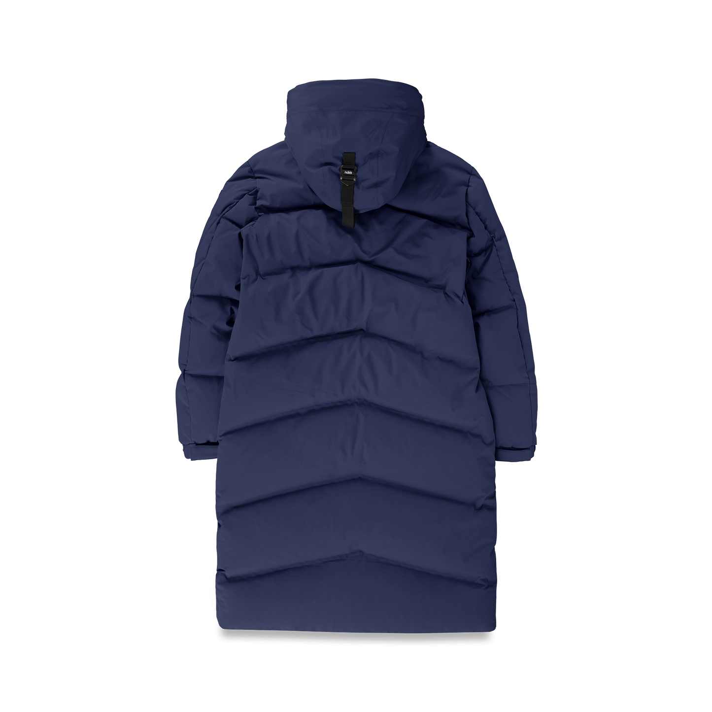 Granger long jacket in Marine stretch ripstop fabric with DWR coating, insulated with Canadian white duck down and Primaloft. Features a two-way zipper, magnetic closure, and adjustable cuffs for warmth and weather protection.