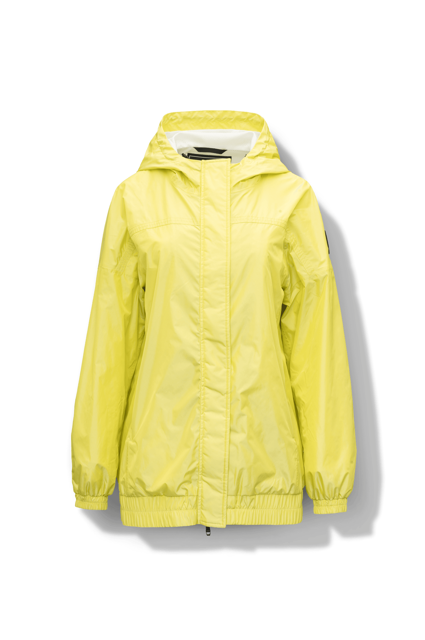 Hartley Women's Tailored Rain Jacket in hip length, two-way centre front zipper with wind flap, toggle adjustable cuffs and waist cord, non-removable hood, side entry waist pockets, in Sulphur Spring