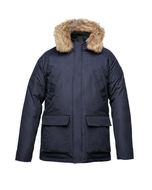 Men's waist length down filled jacket with two front pockets with magnetic closure and a removable fur trim on the hood in CH Navy + CH Navy