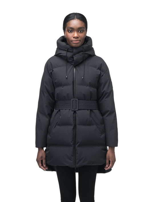 Women's thigh length down parka with removable hood and adjustable belt in Black