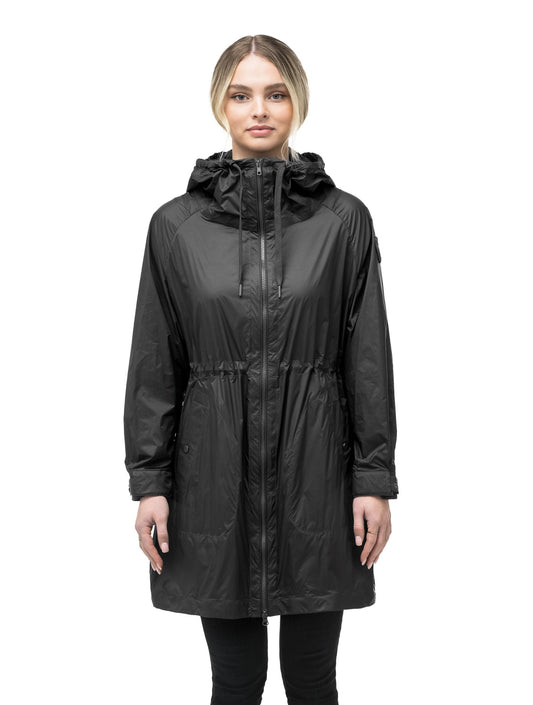 Women's knee-length zip-up windbreaker in Black