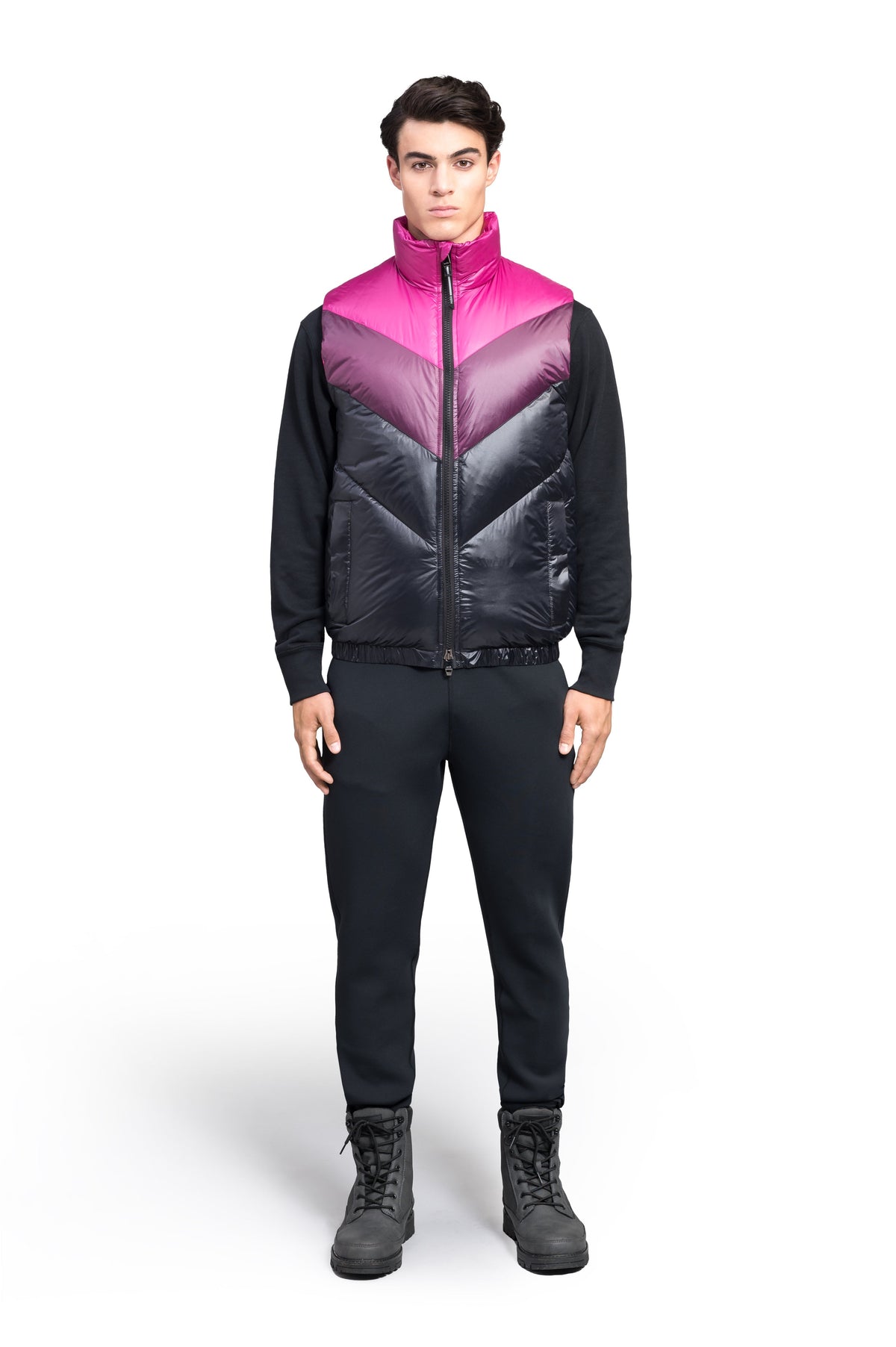 Kylo Men's Chevron Quilted Vest in hip length, premium cire technical nylon taffeta fabrication, Premium Canadian origin White Duck Down insulation, two-way centre-front zipper, fleece-lined pockets at waist, elasticized waistband, in Festival Fushia/Potent Purple
