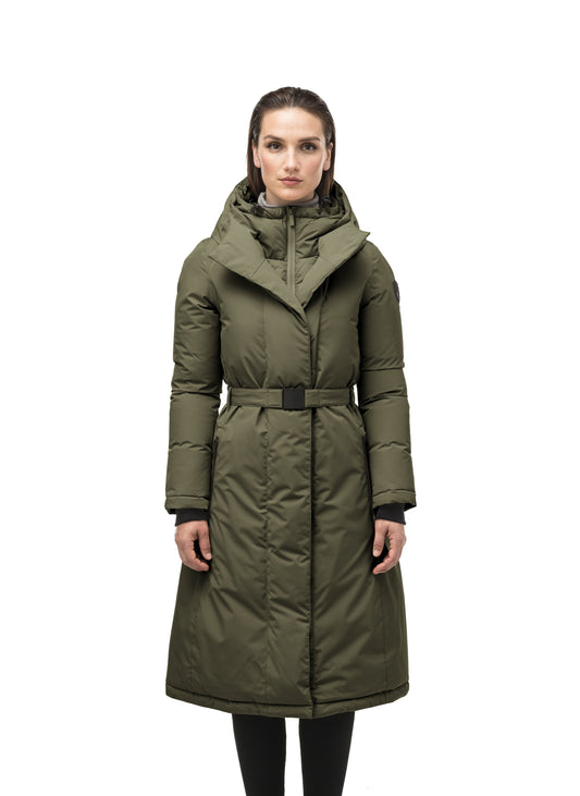 Long calf length hooded women's winter parka with an inner hip length closure, exterior hem length zipper and magentic placket in Fatigue + Fatigue