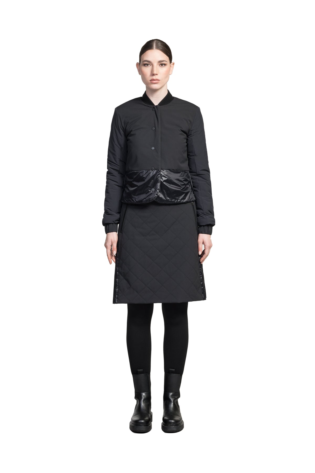Lexi Women's Reversible Midlayer Jacket in waist length, premium stretch ripstop and contrast cire technical nylon taffeta fabrication, premium 4-way stretch, water resistant Primaloft Gold Insulation Active+, snap button closure at centre front, exterior magnetic closure pockets at sides, elasticized cuff details, and reversible from a quilted or smooth outer shell, in Black