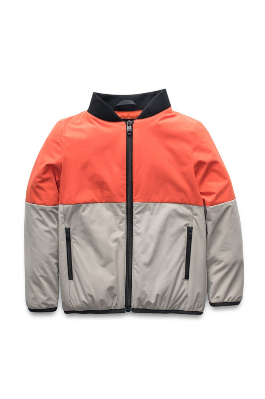Little Ursa Kids Mid Layer Jacket in hip length, Primaloft Gold Insulation Active, ribbed collar, and two-way front zipper, in Terracotta + Terracotta