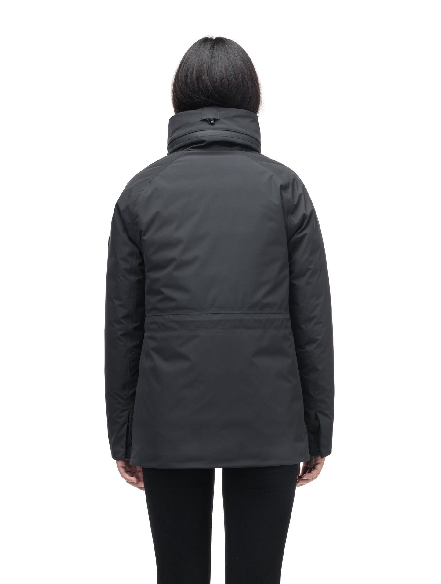 Litho Ladies Short Parka in hip length, Canadian duck down insulation, tuckable waterproof hood, and two-way zipper, in Black