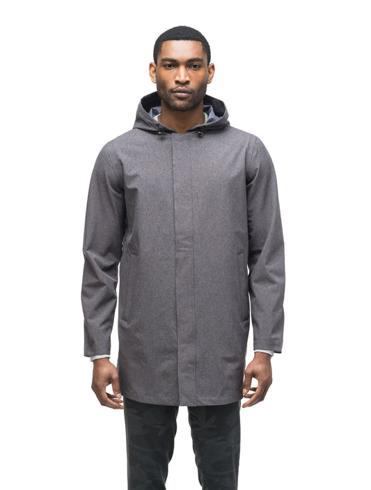 Men's thigh length rain coat with hood in Dk Grey + Dk Grey
