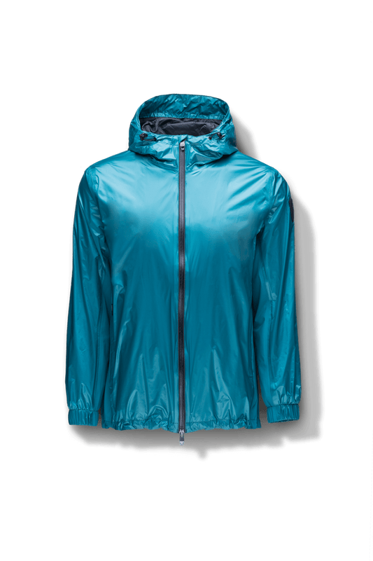 Stratus Men's Tailored Packable Rain Jacket in hip length, premium cire technical nylon taffeta and stretch ripstop fabrication, highly breathable mesh lining, hidden packable pocket, non-removable hood with adjustable draw cord, reflective piping along front and back, underarm grommets for extra breathability, back yoke with mesh ventilation, two waist zipper pockets, two interior zipper pockets, elastic cuffs with adjustable snap button, and adjustable interior draw cord at waist hem, in Deep Lake + Deep Lake