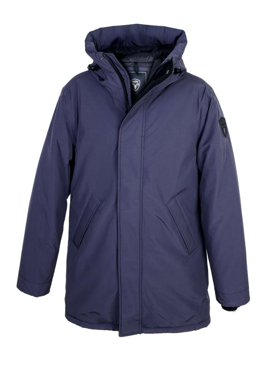 Pierre Men's Jacket in thigh length, Canadian white duck down insulation, non-removable down-filled hood, angled waist pockets, centre-front zipper with wind flap, and elastic ribbed cuffs, in 3L Navy + 3L Navy
