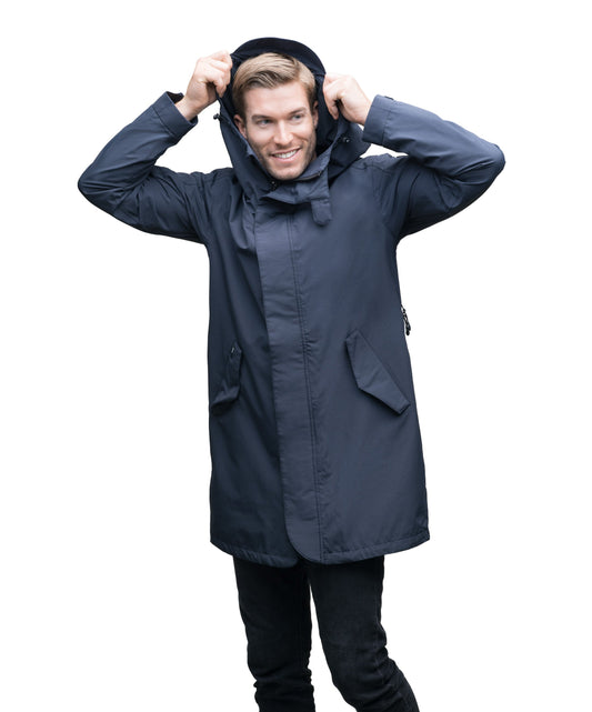 Men's thigh length hooded rain jacket with non-removable hood in Navy
