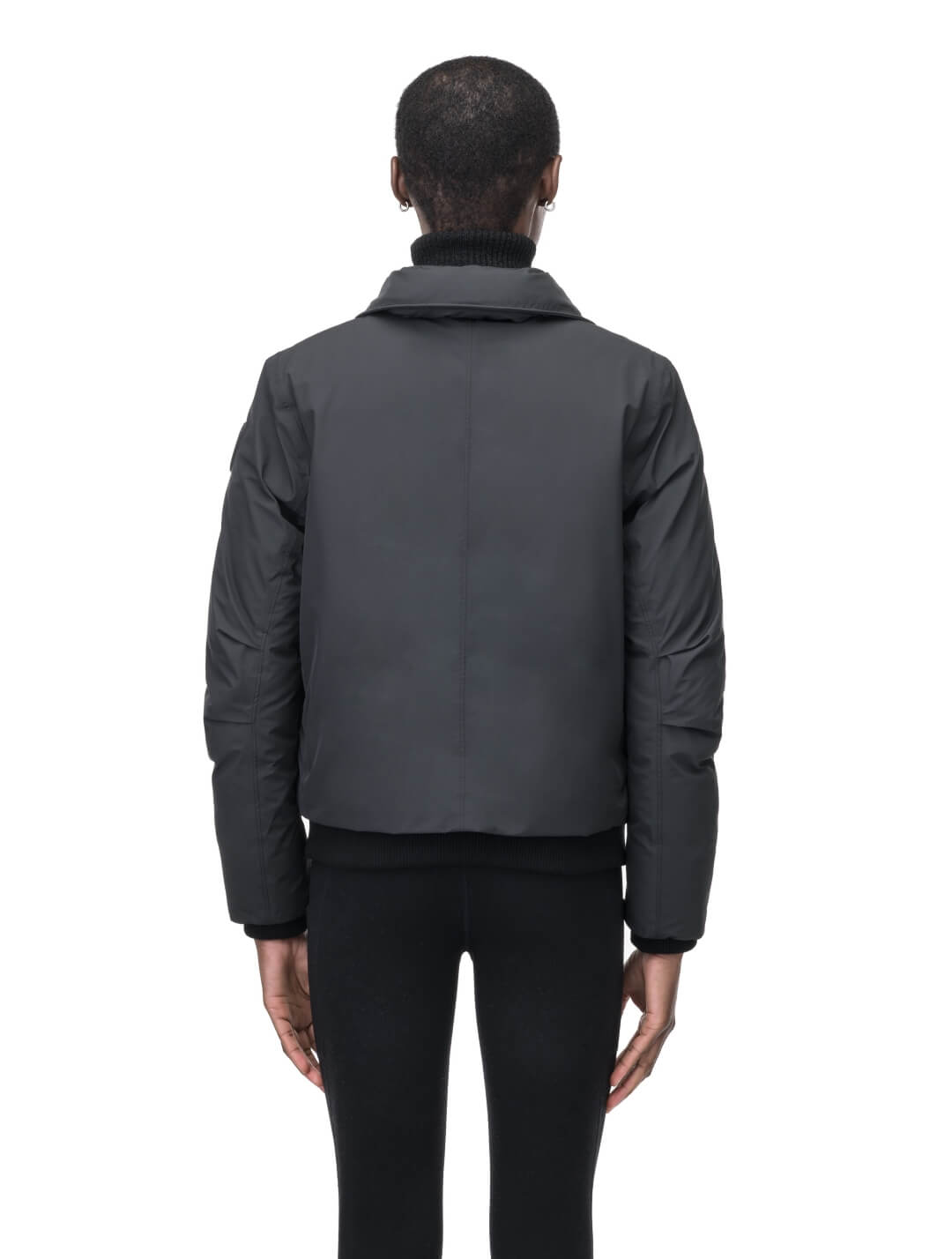 Rae Ladies Aviator Jacket in hip length, Canadian duck down insulation, removable shearling collar with hidden tuckable hood, and two-way front zipper, in Black