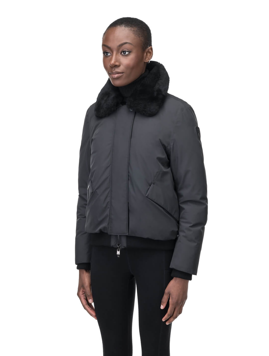 Rae Ladies Aviator Jacket in hip length, Canadian duck down insulation, removable shearling collar with hidden tuckable hood, and two-way front zipper, in Black
