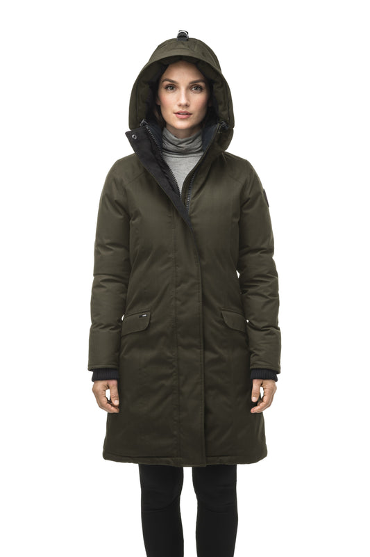 Rebecca Women's Parka in knee length, Canadian duck down insulation, two-way zipper with magnetic front placket, non-removable hood with removable coyote fur trim, in Fatigue + Fatigue