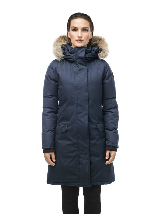 Rebecca Women's Parka in knee length, Canadian duck down insulation, two-way zipper with magnetic front placket, non-removable hood with removable coyote fur trim, in Navy + Navy