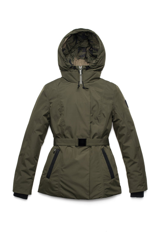 Ladies hip length down-filled parka with non-removable hood and adjustable belt in Fatigue + Fatigue