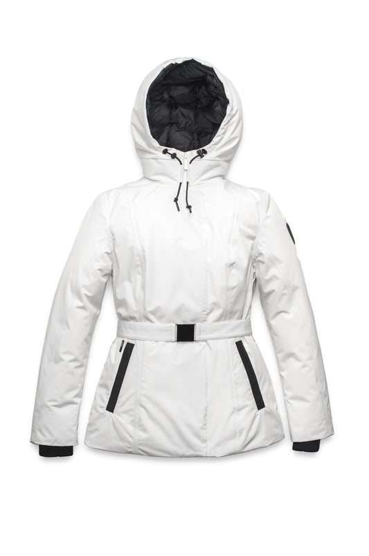 Ladies hip length down-filled parka with non-removable hood and adjustable belt in Chalk + Chalk