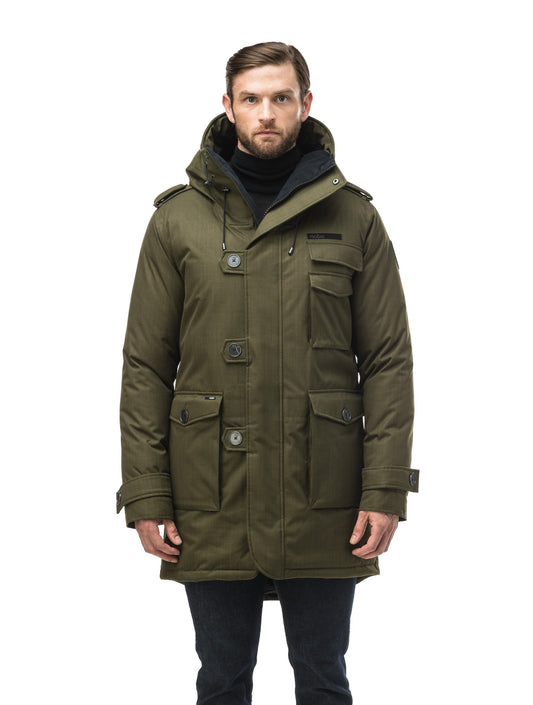 Men's down filled parka with faux button magnet closures and fur free hood with a fishtail hemline in Fatigue + Fatigue