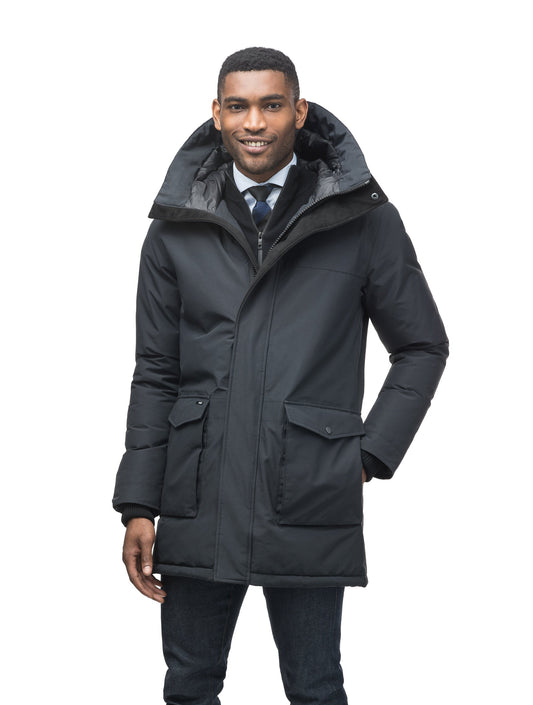 Men's lightweight thigh length down filled parka in Black + Black